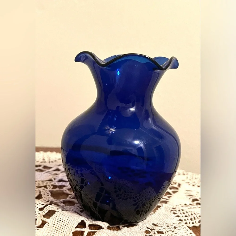 Vintage MCM Cobalt Blue Art Glass Vase • Black Ruffled Rim 4.5”